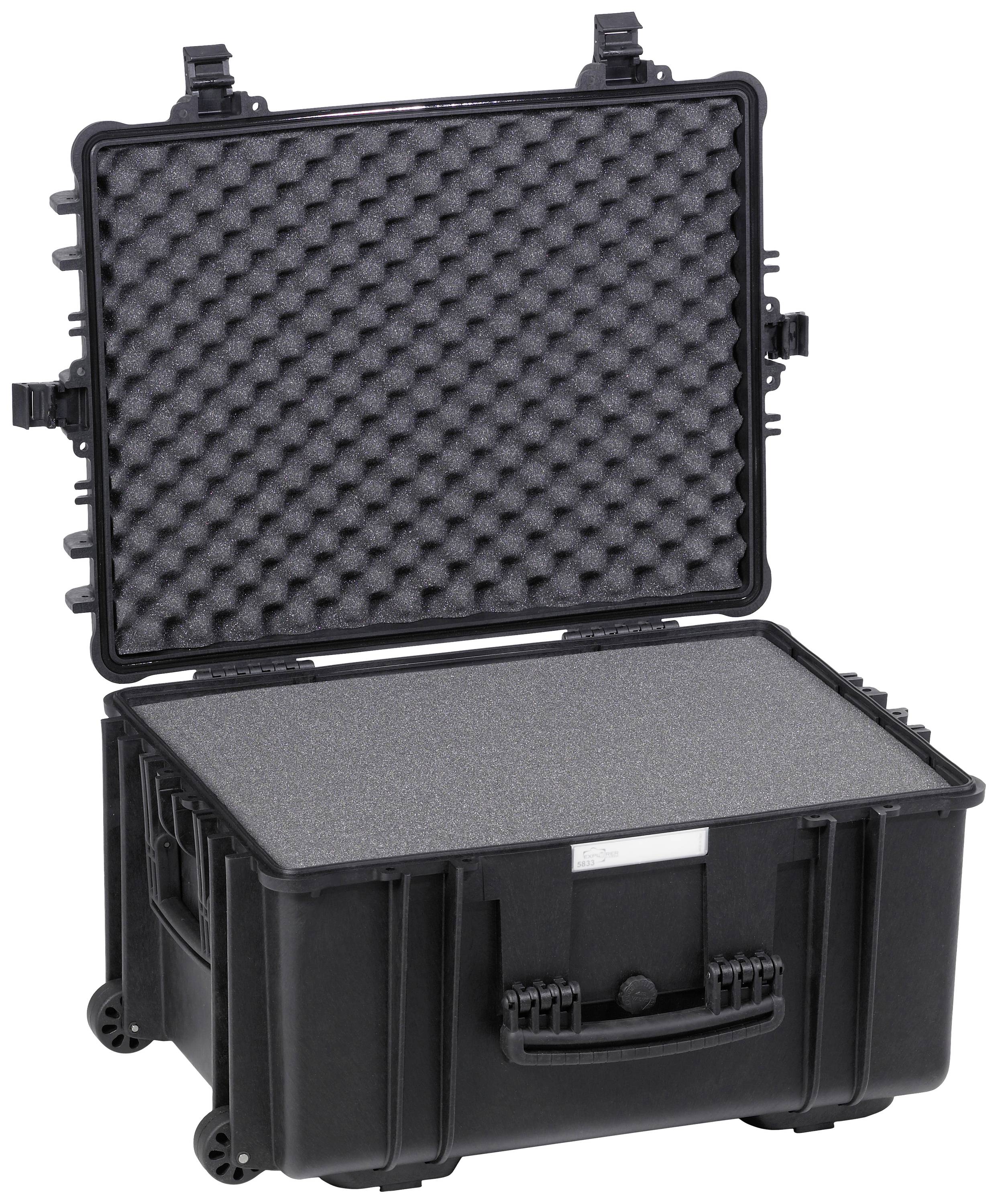 Czarny futerał ochronny z otwartą pokrywą, wyłożony wewnątrz pianką zabezpieczającą wrażliwe przedmioty. Idealny do transportu.