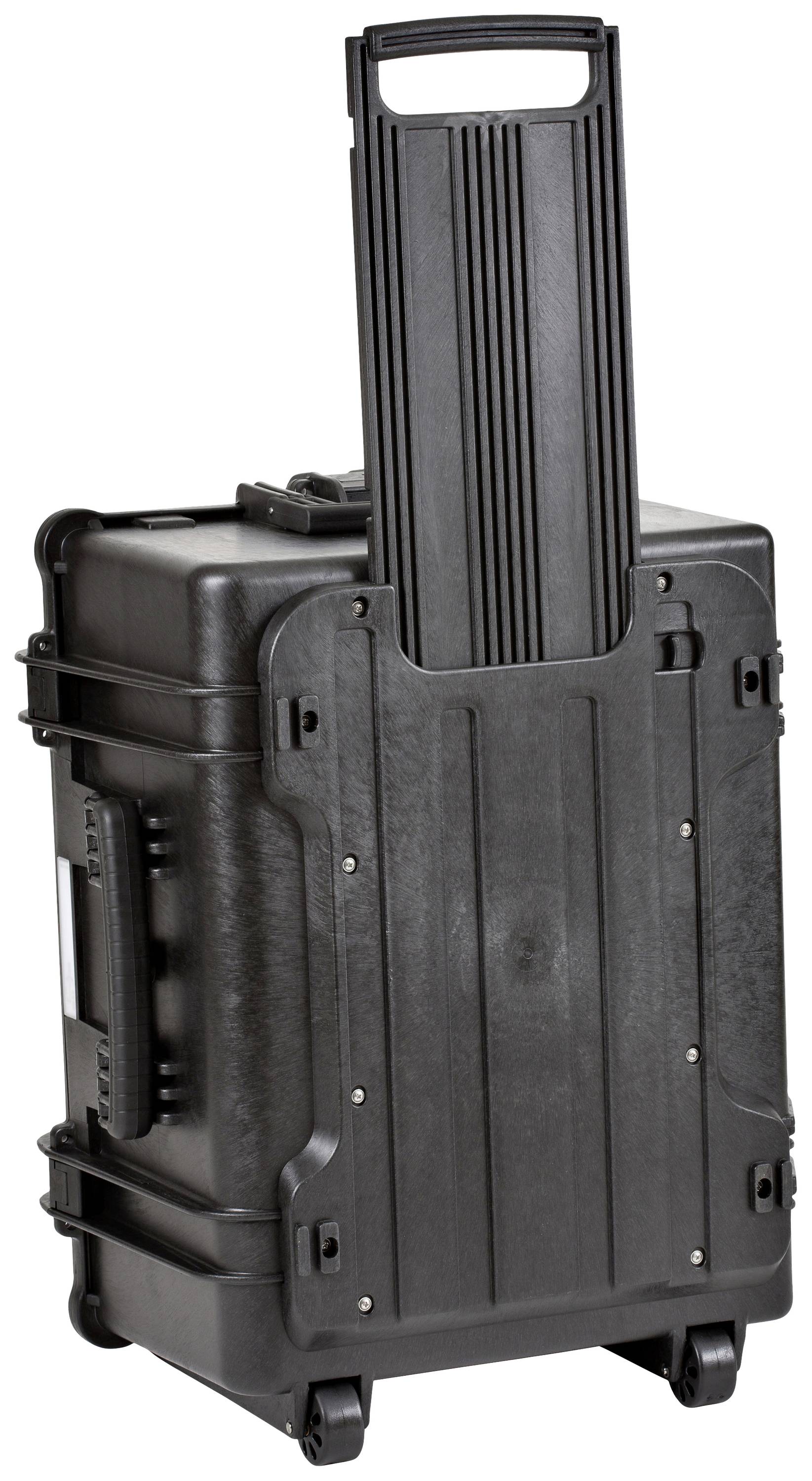 Czarny, wytrzymały twardy kufer z wysuwaną rączką i kółkami, odpowiedni do transportu delikatnego sprzętu.