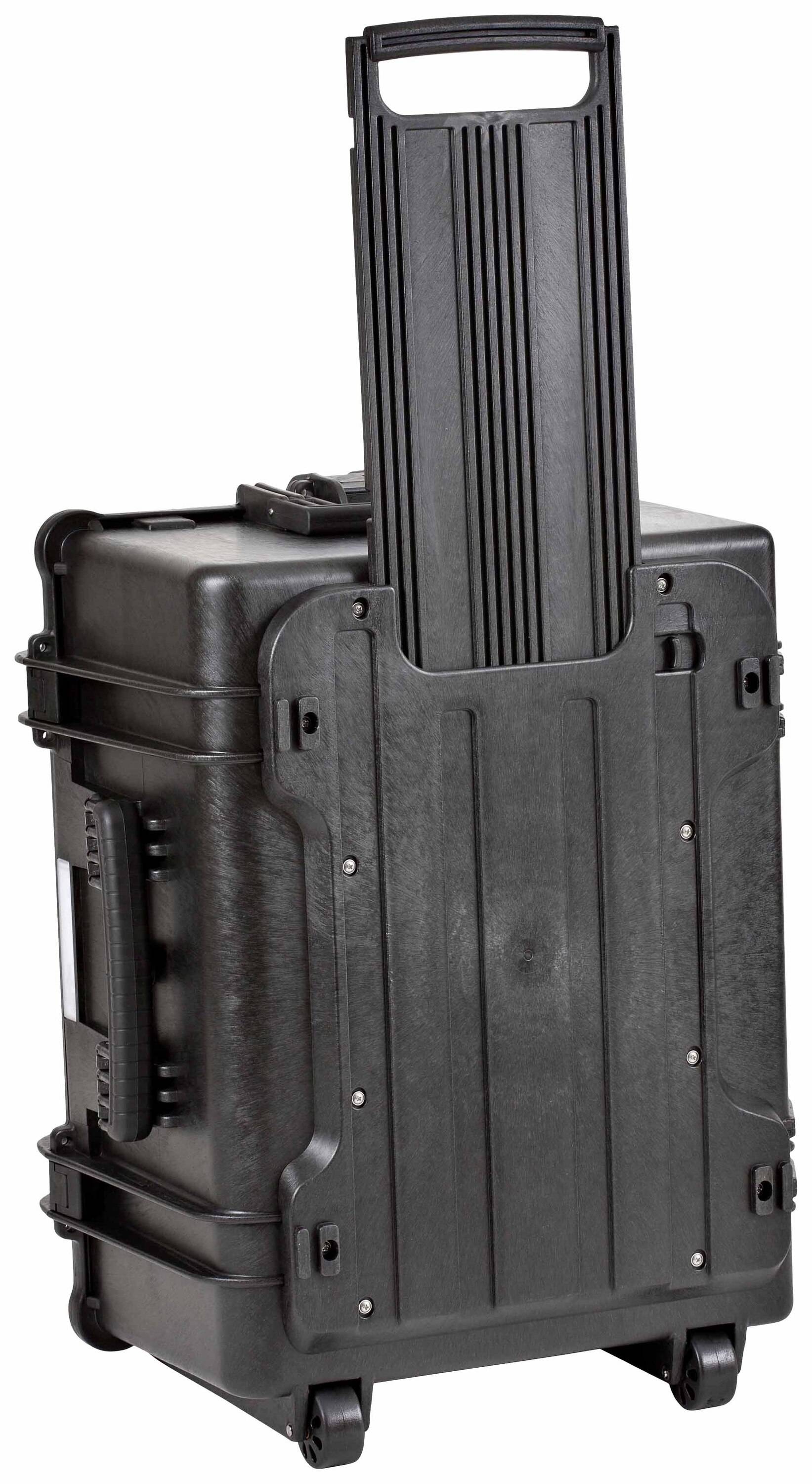 Czarny, wytrzymały wózek podróżny z wysuwaną rączką i kółkami, idealny do bezpiecznego przewożenia delikatnego sprzętu.