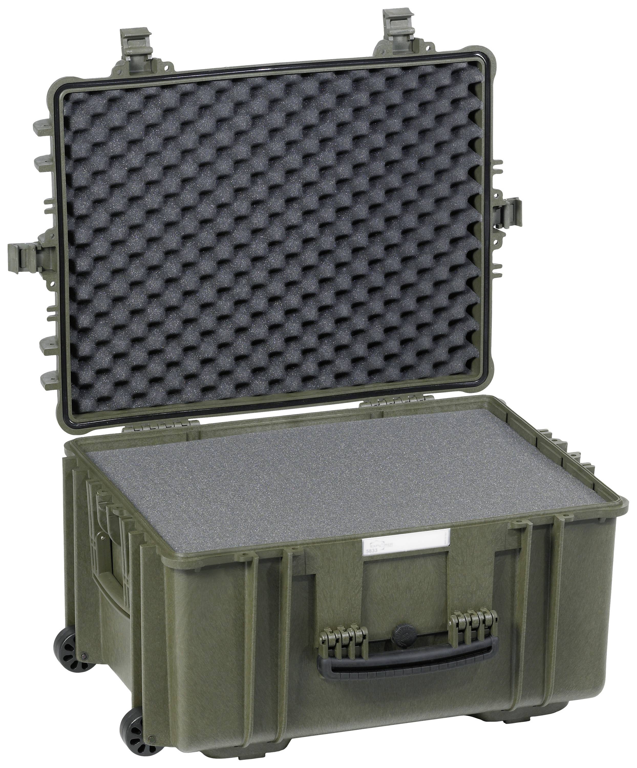 Otwarty, zielony twardy futerał ochronny z wyściółką piankową do bezpiecznego transportu delikatnych przedmiotów.