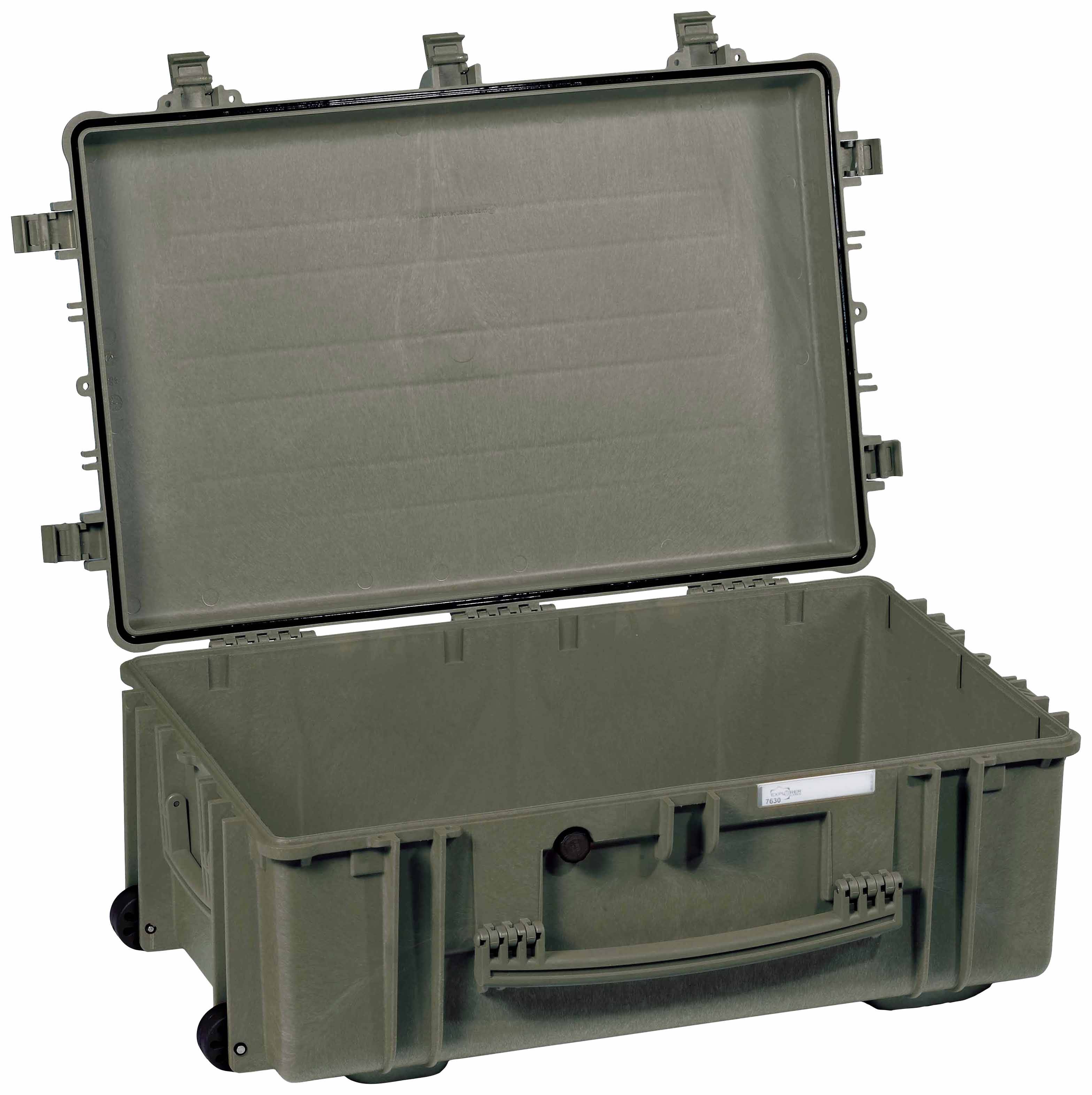 Zielona, otwarta skrzynka transportowa z twardego plastiku, wyposażona w kółka i uchwyt do przenoszenia, przeznaczona do bezpiecznego przewozu delikatnych przedmiotów.