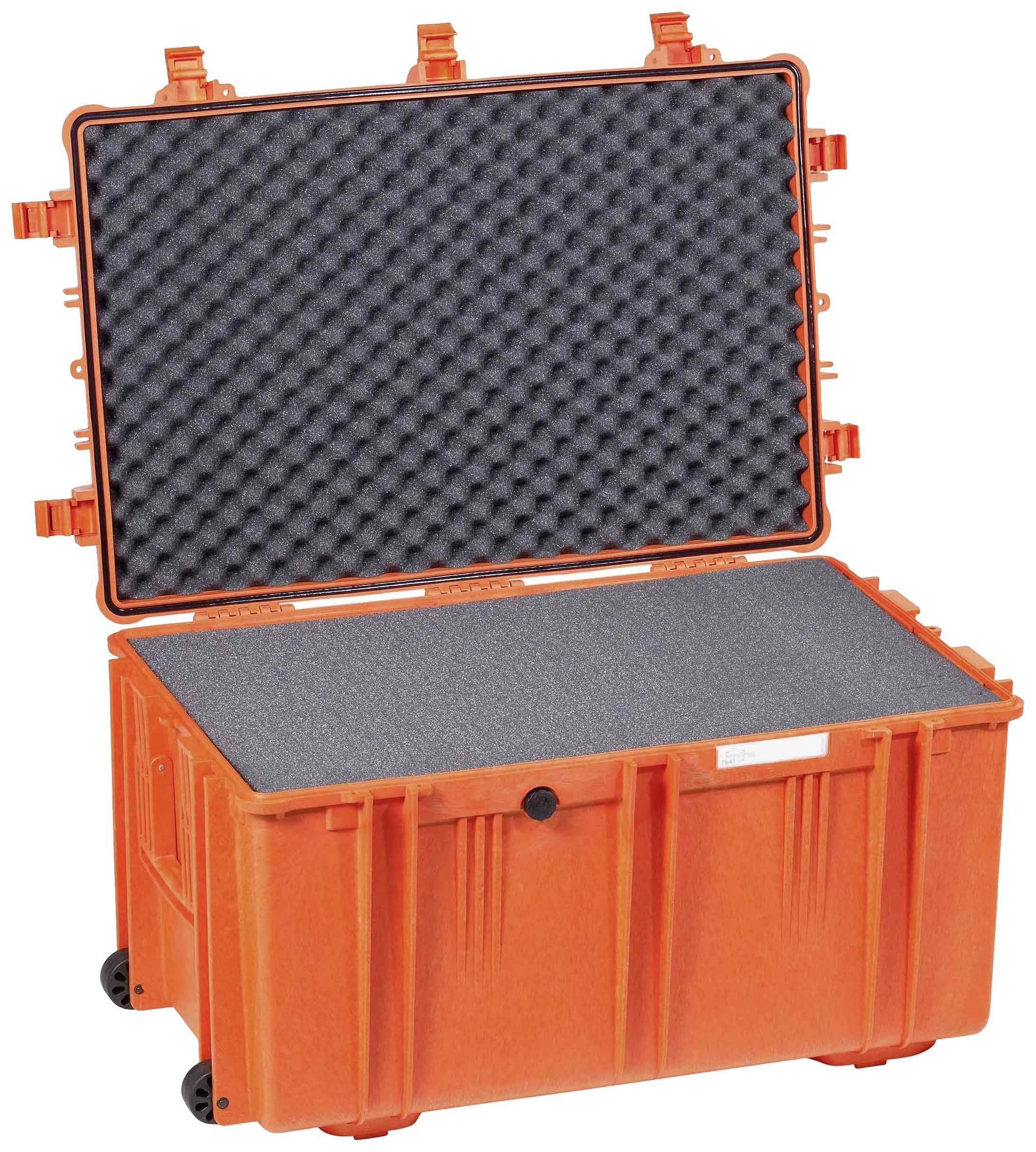 Pomarańczowy, wytrzymały futerał ochronny z wyściółką piankową do bezpiecznego transportu delikatnych urządzeń. Pokrywa jest otwarta.