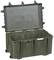 Otwarty, duży, prostokątny, oliwkowozielony kufer transportowy z rowkami i zamknięciami, odpowiedni do przewozu sprzętu lub narzędzi.