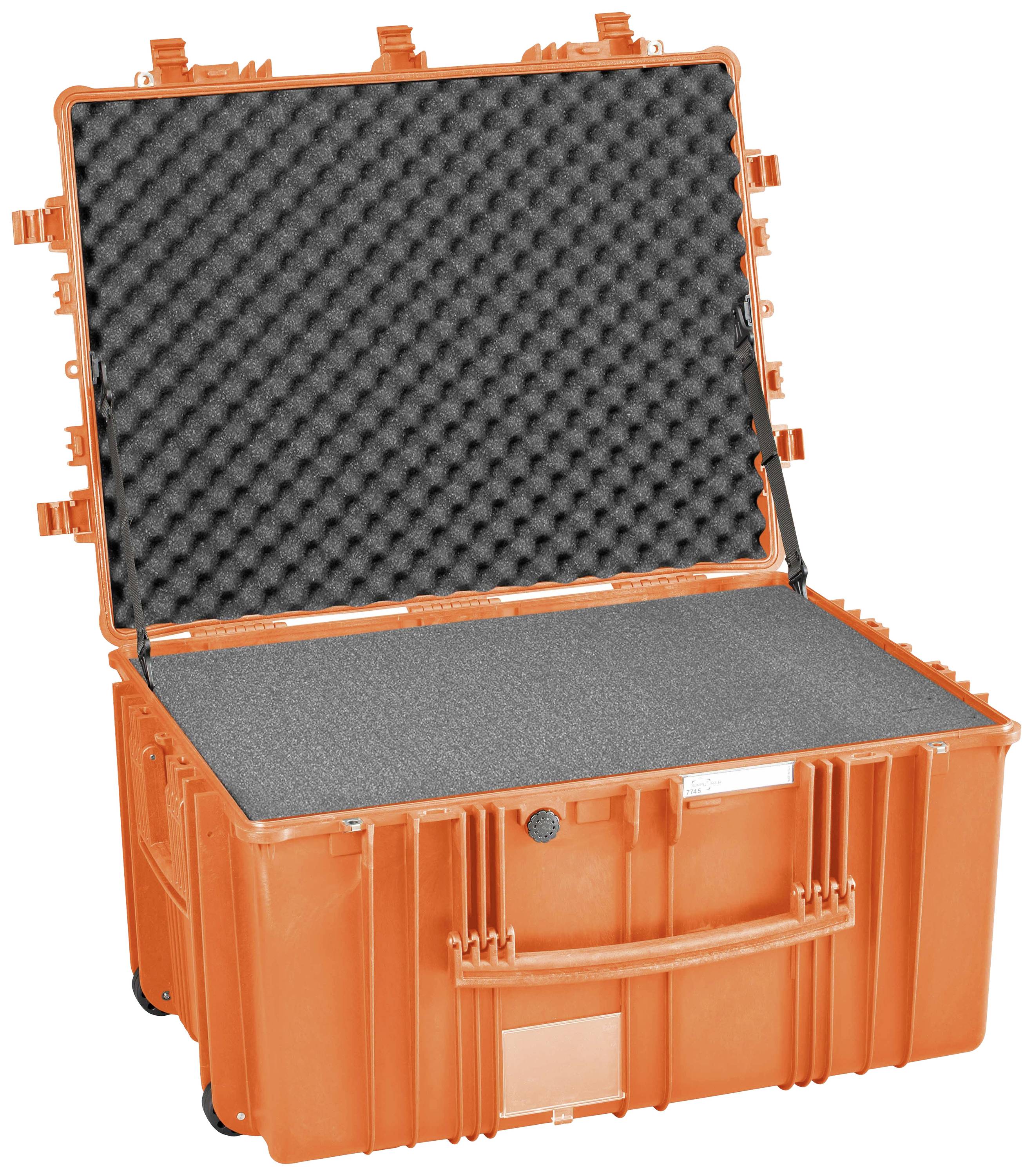 Pomarańczowy, solidny futerał transportowy z wyściółką piankową wewnątrz, z otwartą pokrywą, przeznaczony do bezpiecznego przewozu delikatnych urządzeń.
