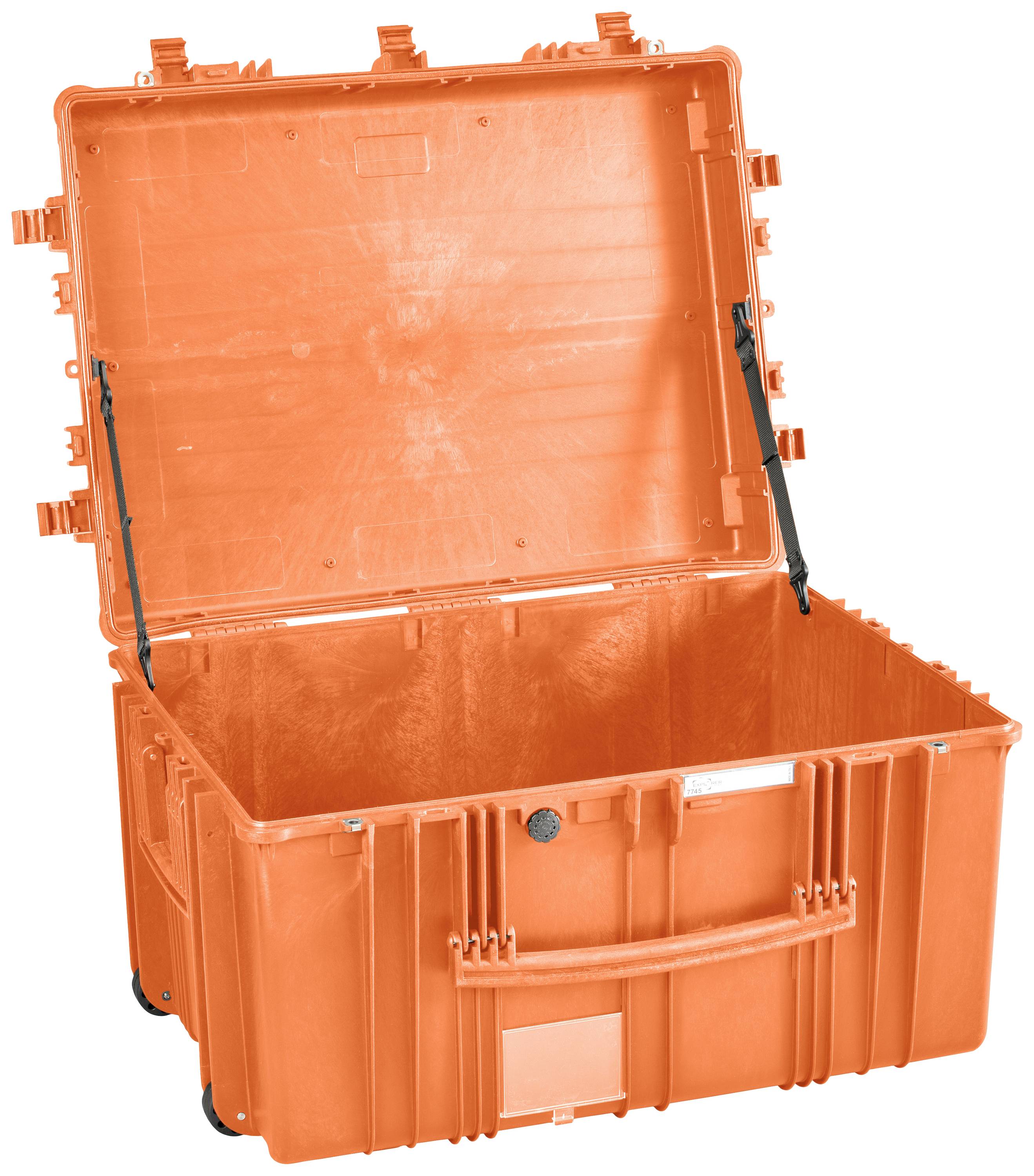 Pusty, otwarty pomarańczowy pojemnik z tworzywa sztucznego z wzmocnionymi narożnikami i uchwytami bocznymi, przeznaczony do transportu i magazynowania.