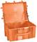 Pusty, otwarty pomarańczowy pojemnik z tworzywa sztucznego z wzmocnionymi narożnikami i uchwytami bocznymi, przeznaczony do transportu i magazynowania.