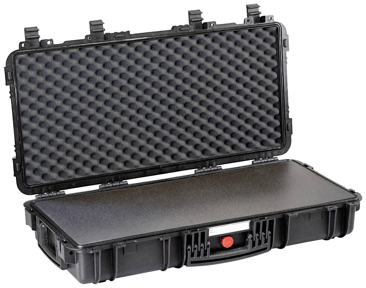 Otwarty czarny twardy kufer z wyściółką piankową, odpowiedni do transportu delikatnego sprzętu.