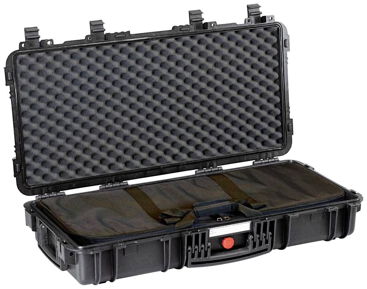 Czarny, otwarty twardy kufer z wyściółką piankową wewnątrz. Odpowiedni do bezpiecznego transportu delikatnych przedmiotów.