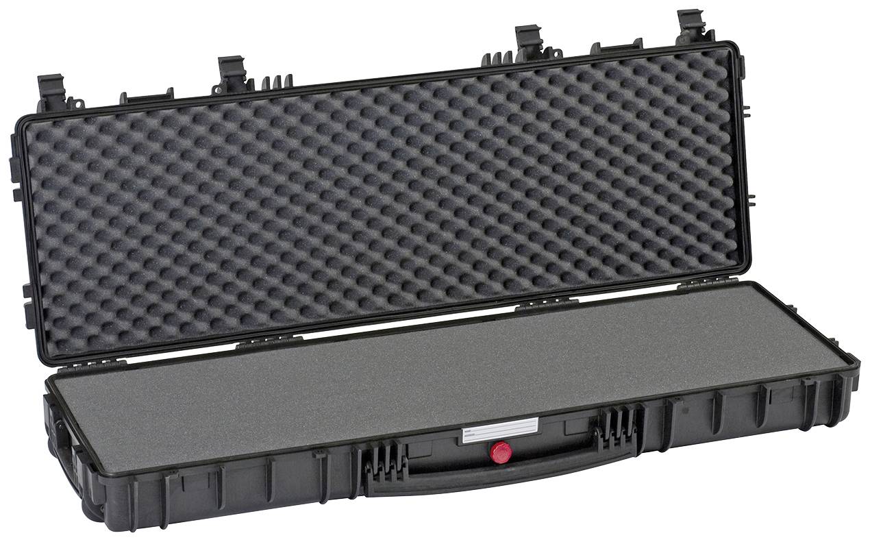 Otwarty, długi czarny kufer ochronny z wyściółką piankową. Idealny do transportu delikatnych urządzeń.