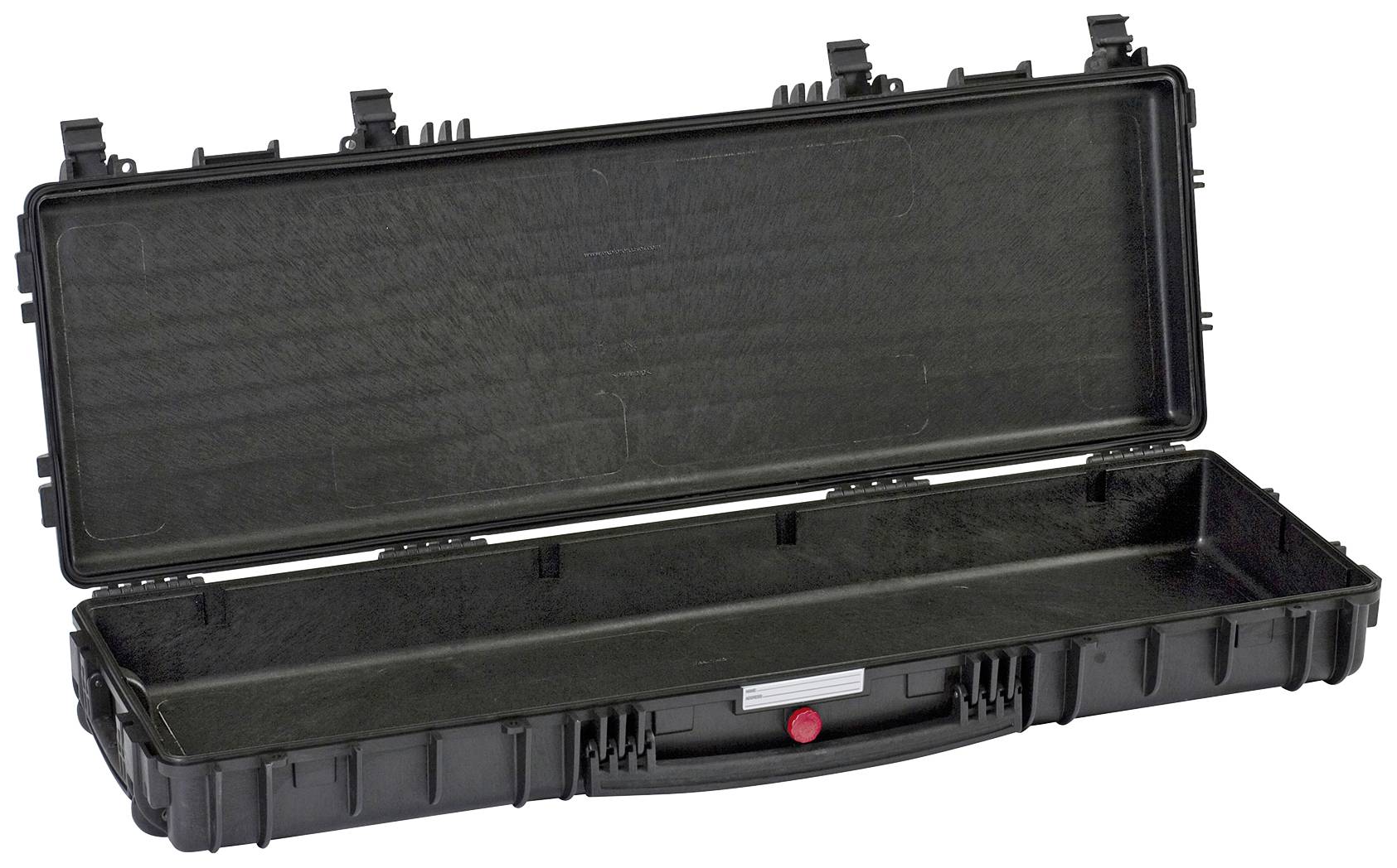 Długa, czarna, otwarta walizka twardoskorupowa z wyściółką piankową i wieloma zatrzaskami, odpowiednia do bezpiecznego transportu.