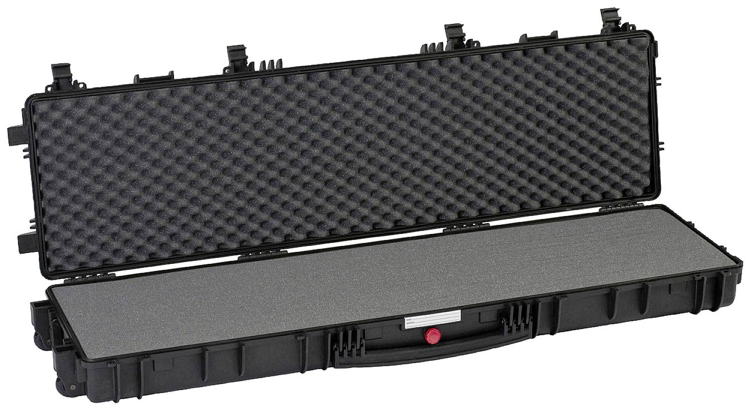Walizka z wyściółką piankową, otwarta. Przeznaczona do bezpiecznego transportu długich przedmiotów, takich jak instrumenty lub urządzenia.