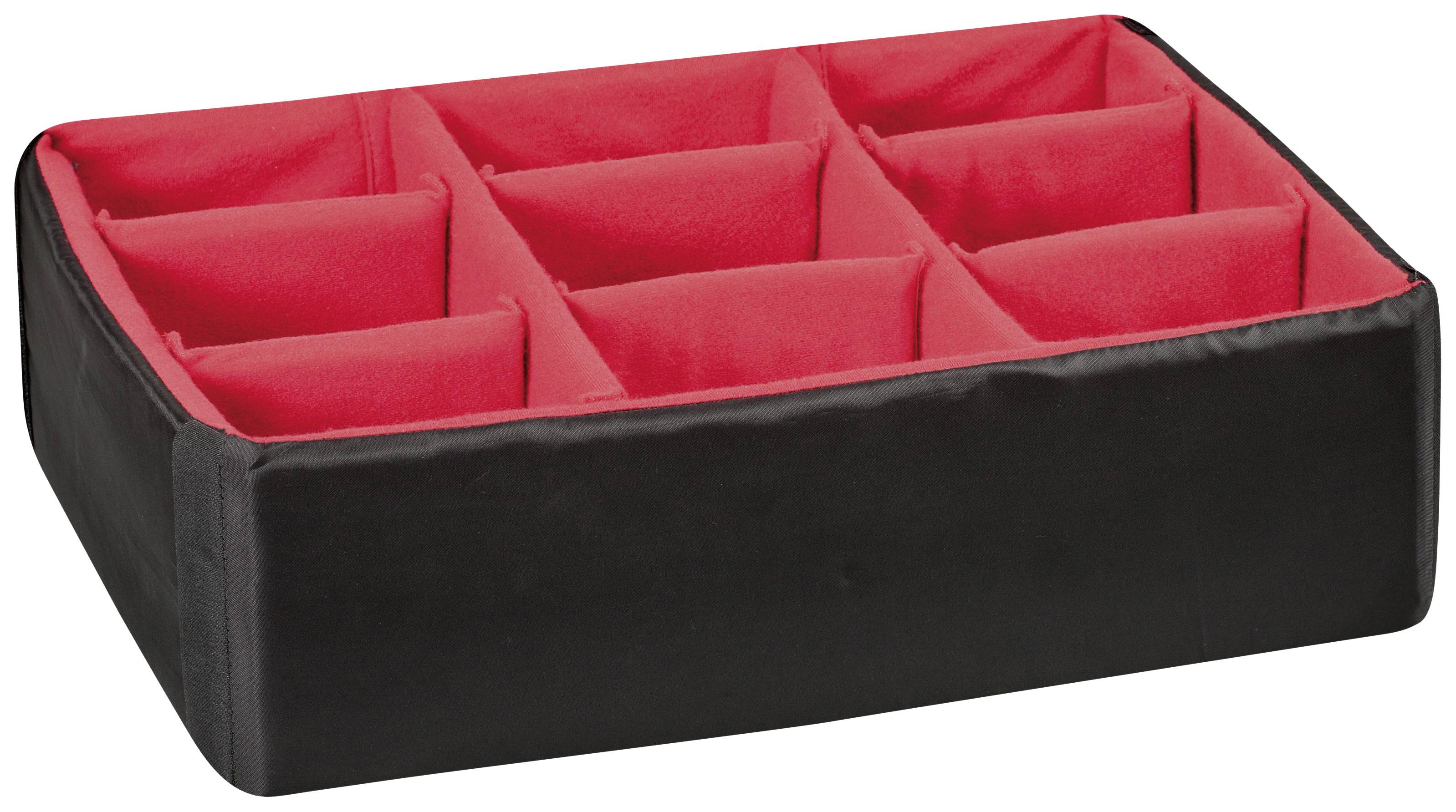 Czarna, prostokątna skrzynka z dziewięcioma czerwonymi, wyściełanymi przegródkami do przechowywania lub organizacji małych przedmiotów.