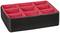 Czarna, prostokątna skrzynka z dziewięcioma czerwonymi, wyściełanymi przegródkami do przechowywania lub organizacji małych przedmiotów.