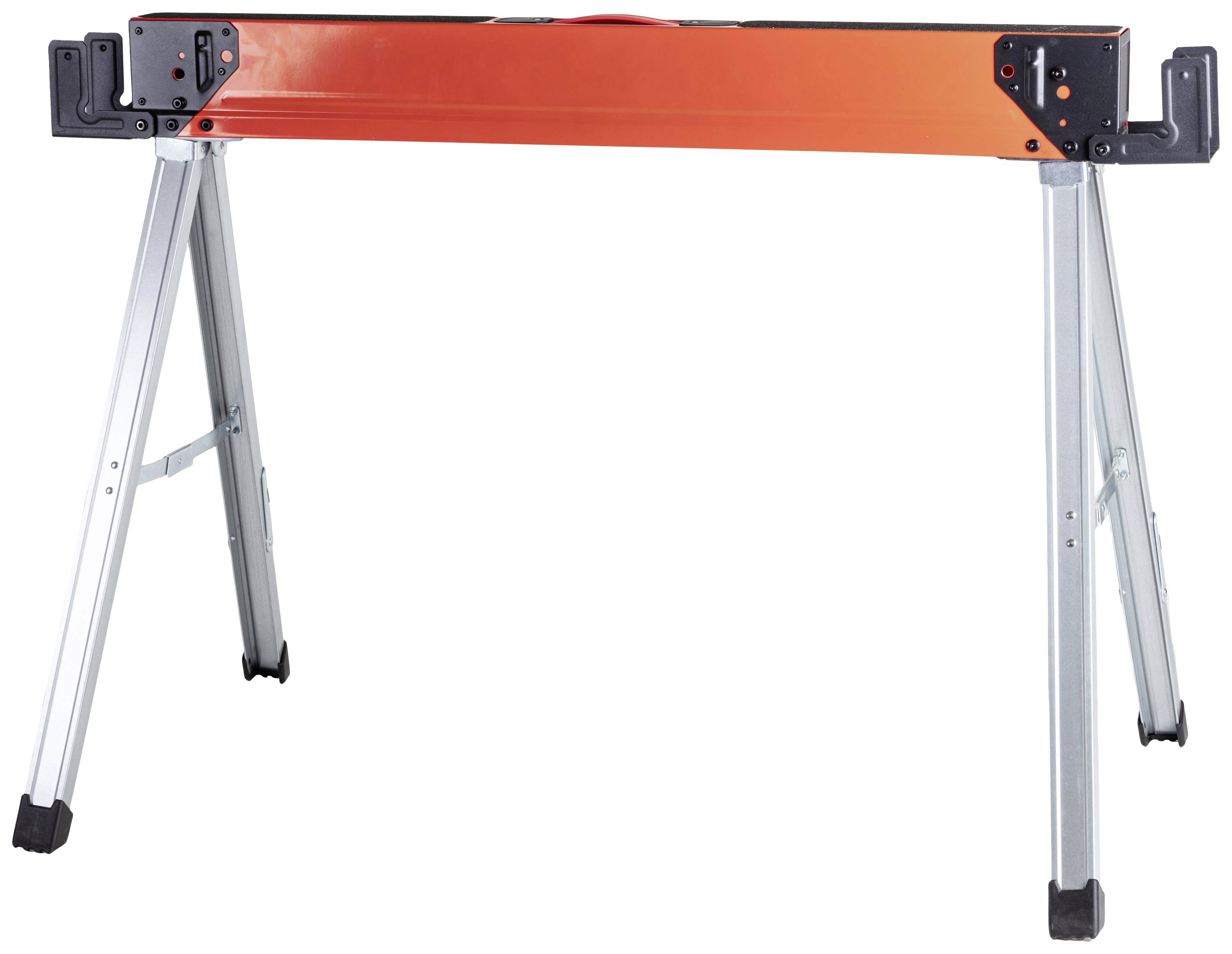 Składany kozioł do piłowania z pomarańczową ramą i srebrnymi metalowymi nogami. Przydatny do podtrzymywania drewna podczas prac związanych z cięciem.