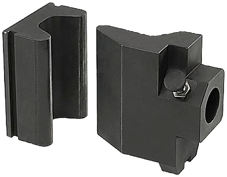 'Dwie czarne metalowe części, jedna z wkrętem śrubowym. Elementy wyglądają przemysłowo i zdają się do siebie pasować.'