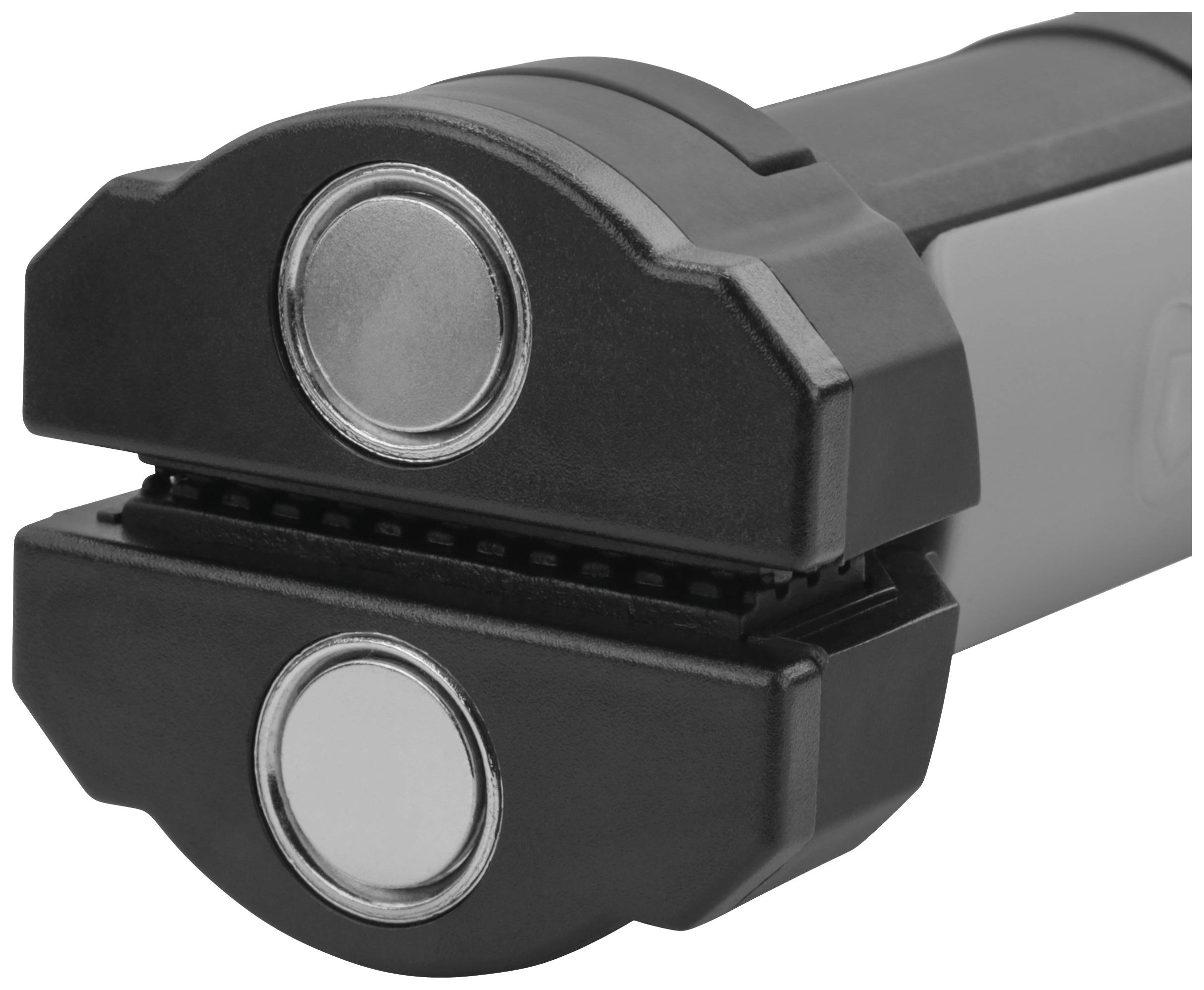 Zbliżenie narzędzia z dwoma srebrnymi, okrągłymi magnesami na czarnym, wytrzymałym uchwycie.