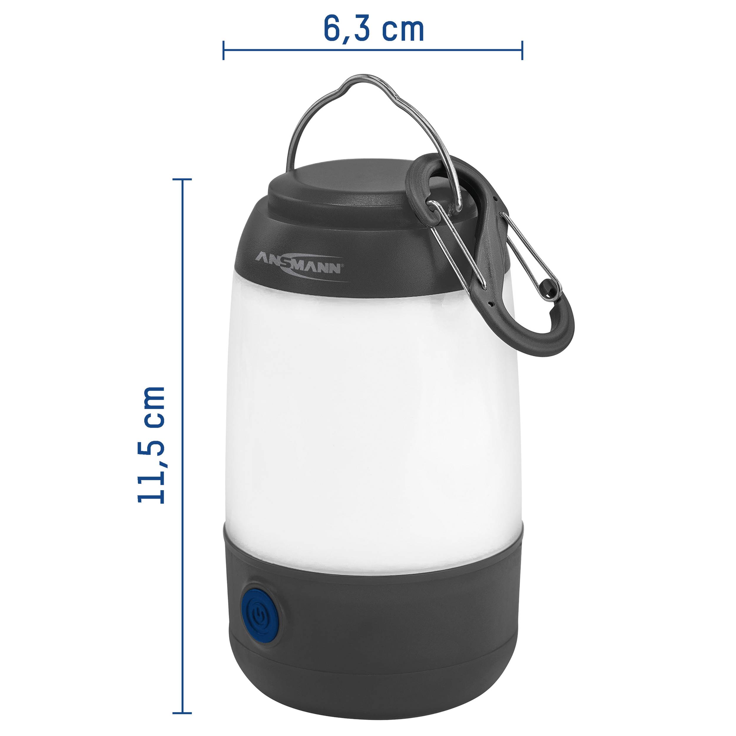 Przenośna lampa LED z metalowym klipem, o średnicy 6,3 cm i wysokości 11,5 cm. Idealna do kampingu lub jako oświetlenie awaryjne.