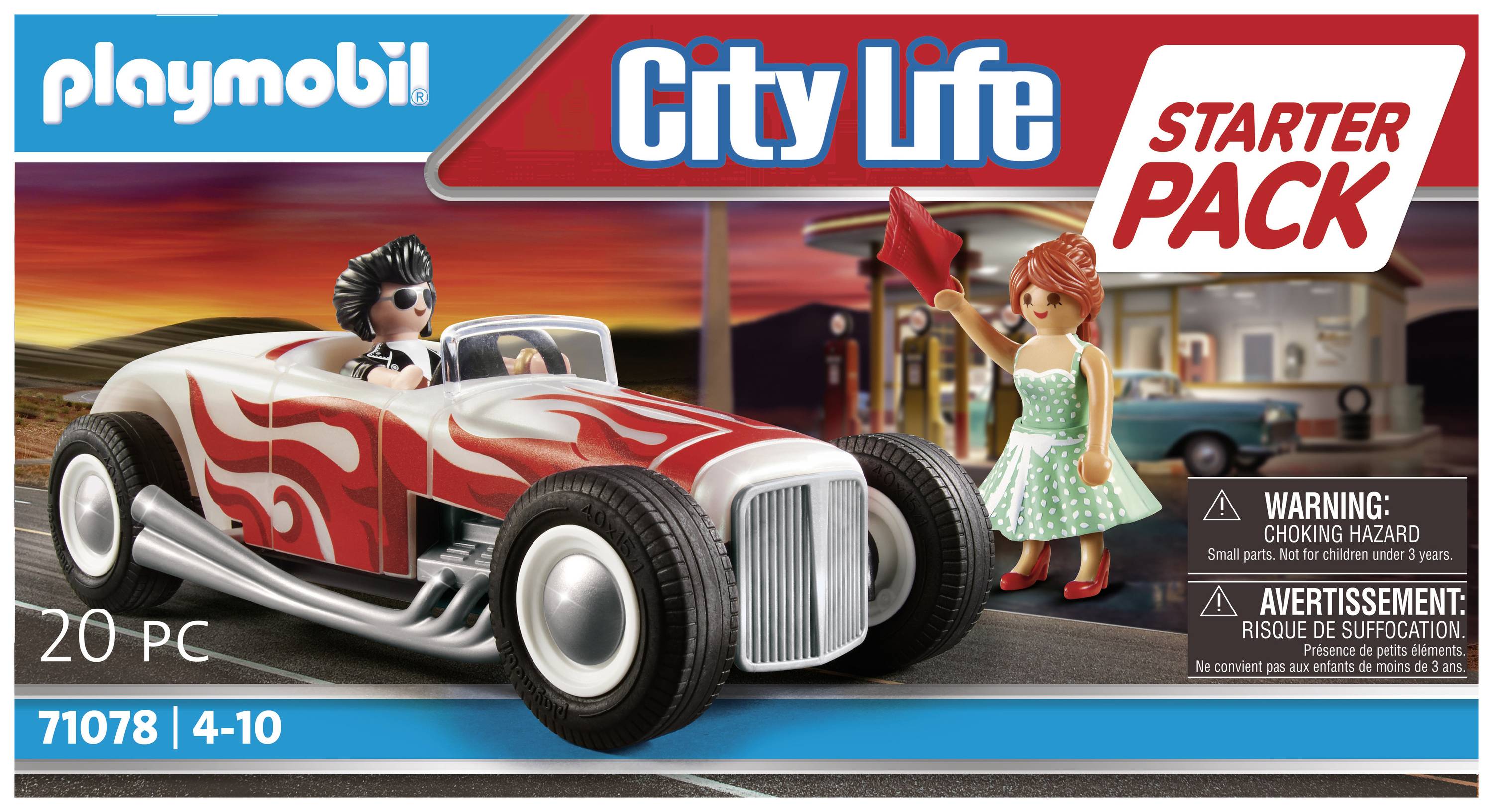 Playmobil 'Zestaw Startowy City Life' z 20 elementami: Samochodzik z wzorem płomieni, obok którego stoi postać z flagą. Dla dzieci w wieku 4-10 lat.