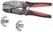 Szczypce crimp firmy Toolcraft z czerwonymi uchwytami, pokazujące trzy wymienne wkładki szczękowe w różnych rozmiarach do różnych rodzajów kabli.
