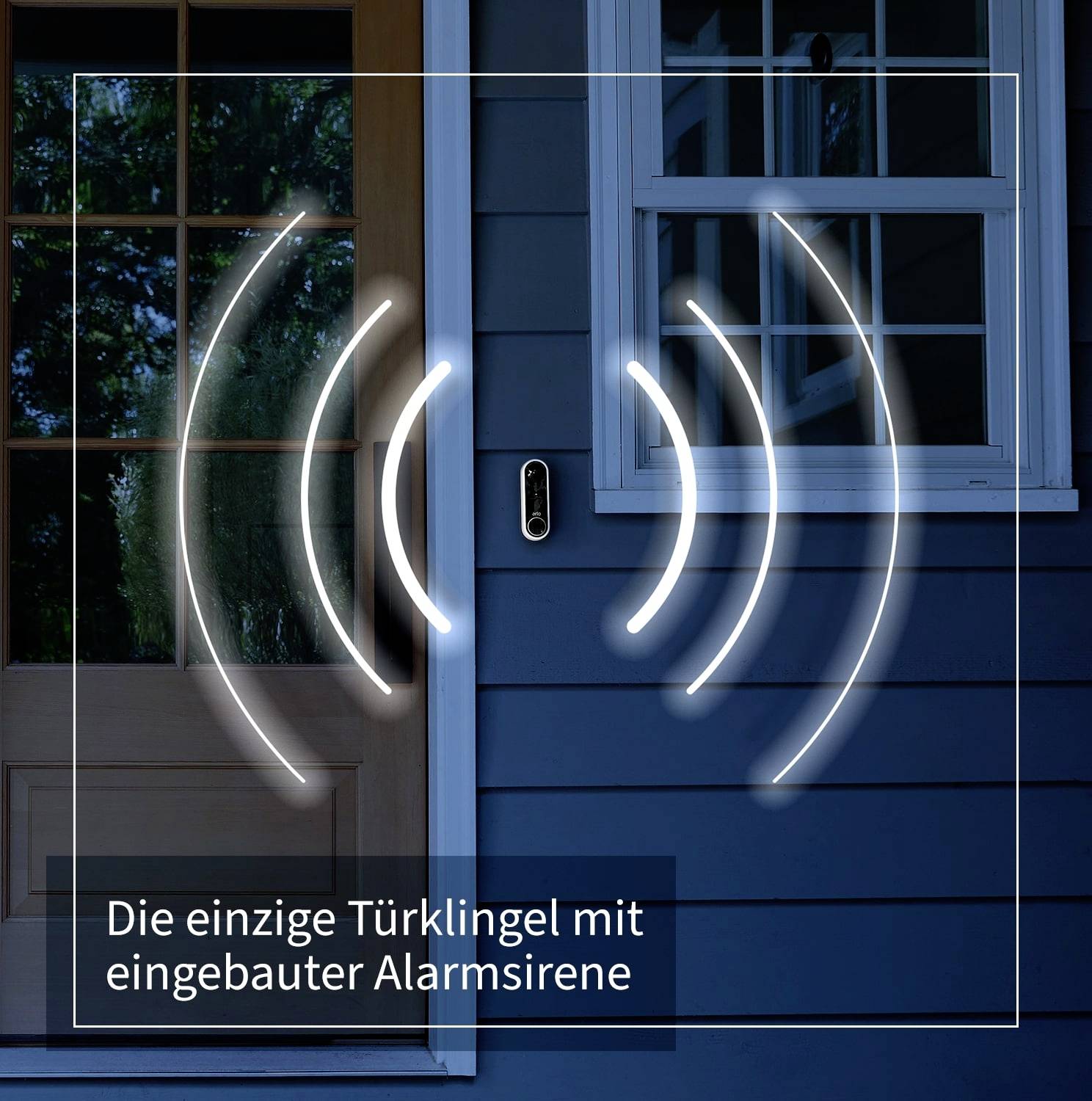 Dzwonek do drzwi przed niebieskim domem. Tekst na obrazie: 'Jedyny dzwonek do drzwi z wbudowaną syreną alarmową'. Świecące linie sugerują fale dźwiękowe.