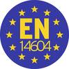 Oznaczenie zawiera 'EN 14604' otoczone 12 żółtymi gwiazdkami na niebieskim tle. Norma dotycząca czujek dymu w Unii Europejskiej.