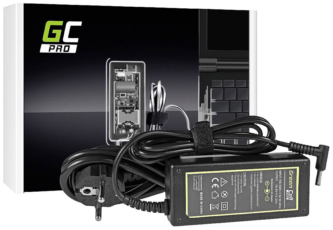 Ładowarka i kabel do laptopa firmy Green Cell, model GC Pro, przed czarnym opakowaniem z ilustracjami technicznymi.