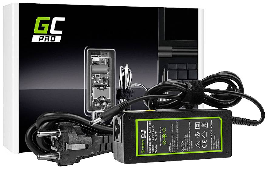 Ładowarka do laptopa z przewodami zasilającymi przed opakowaniem z napisem 'GC Pro'.