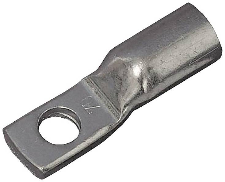 Metalowy kabel końcówkowy z okrągłym otworem do mocowania przewodów przy złączach elektrycznych.