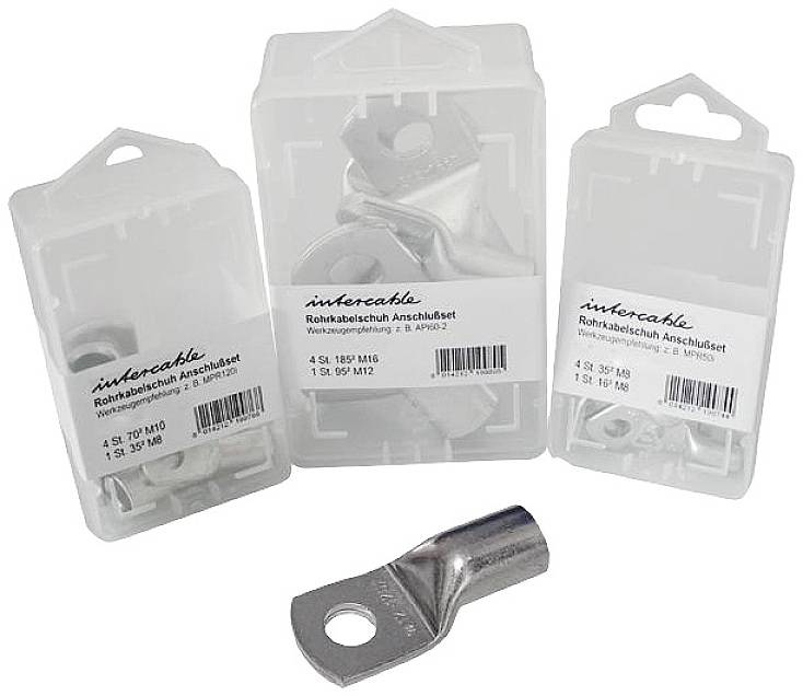 Trzy opakowania zestawu złączek kablowych 'Rohrkabelschuh' firmy intercable, zawierające złączki kablowe w różnych rozmiarach, na białym tle.
