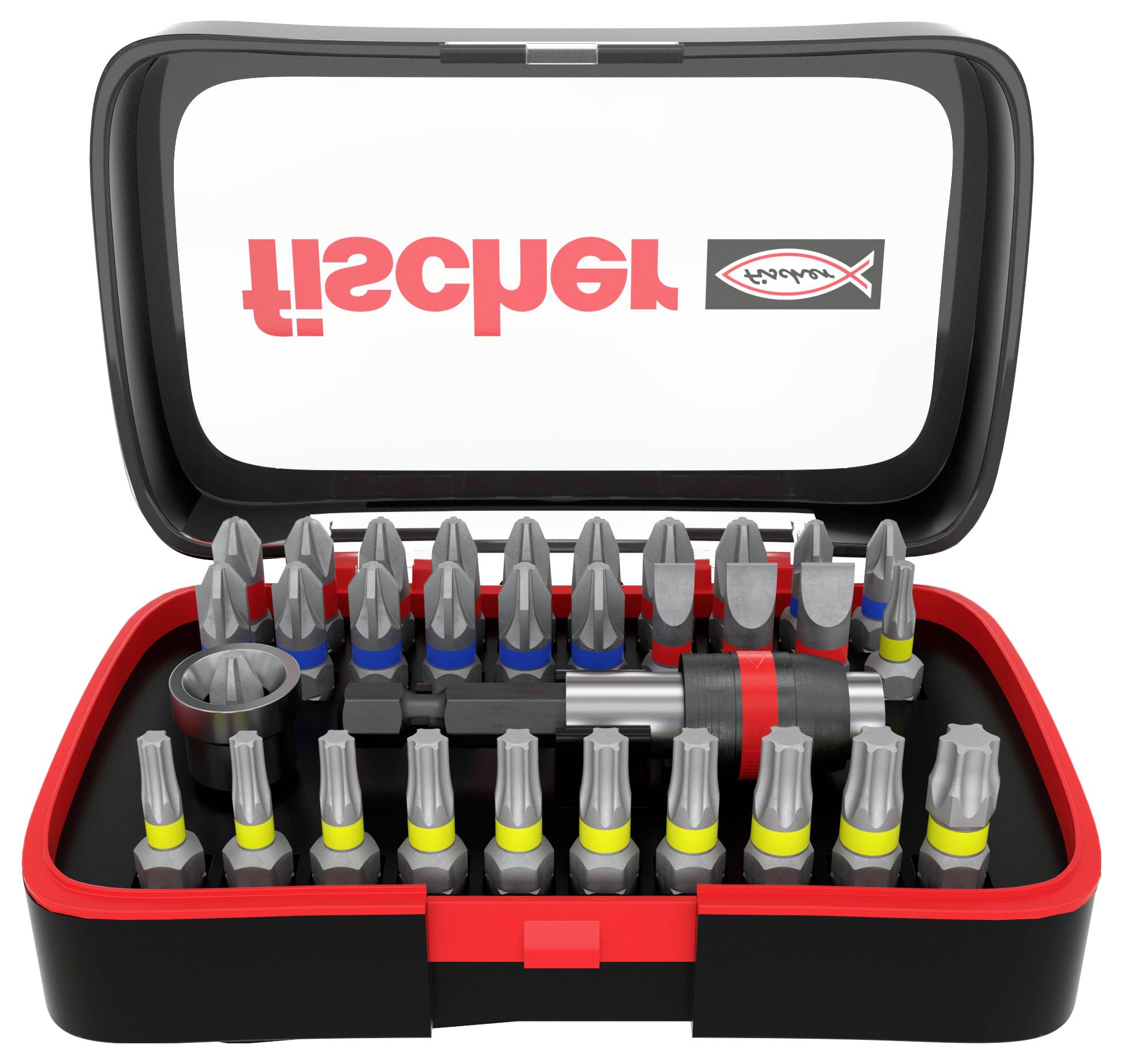 Otwarte etui z zestawem narzędzi zawierające różne końcówki wkrętakowe w kolorach czerwonym i czarnym. Nazwa marki widoczna wewnątrz.