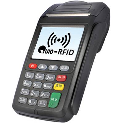 Przenośny czytnik kart z wyświetlaczem, na którym widnieje napis 'Quio-RFID' oraz symbol RFID. Poniżej znajdują się przyciski w różnych kolorach.