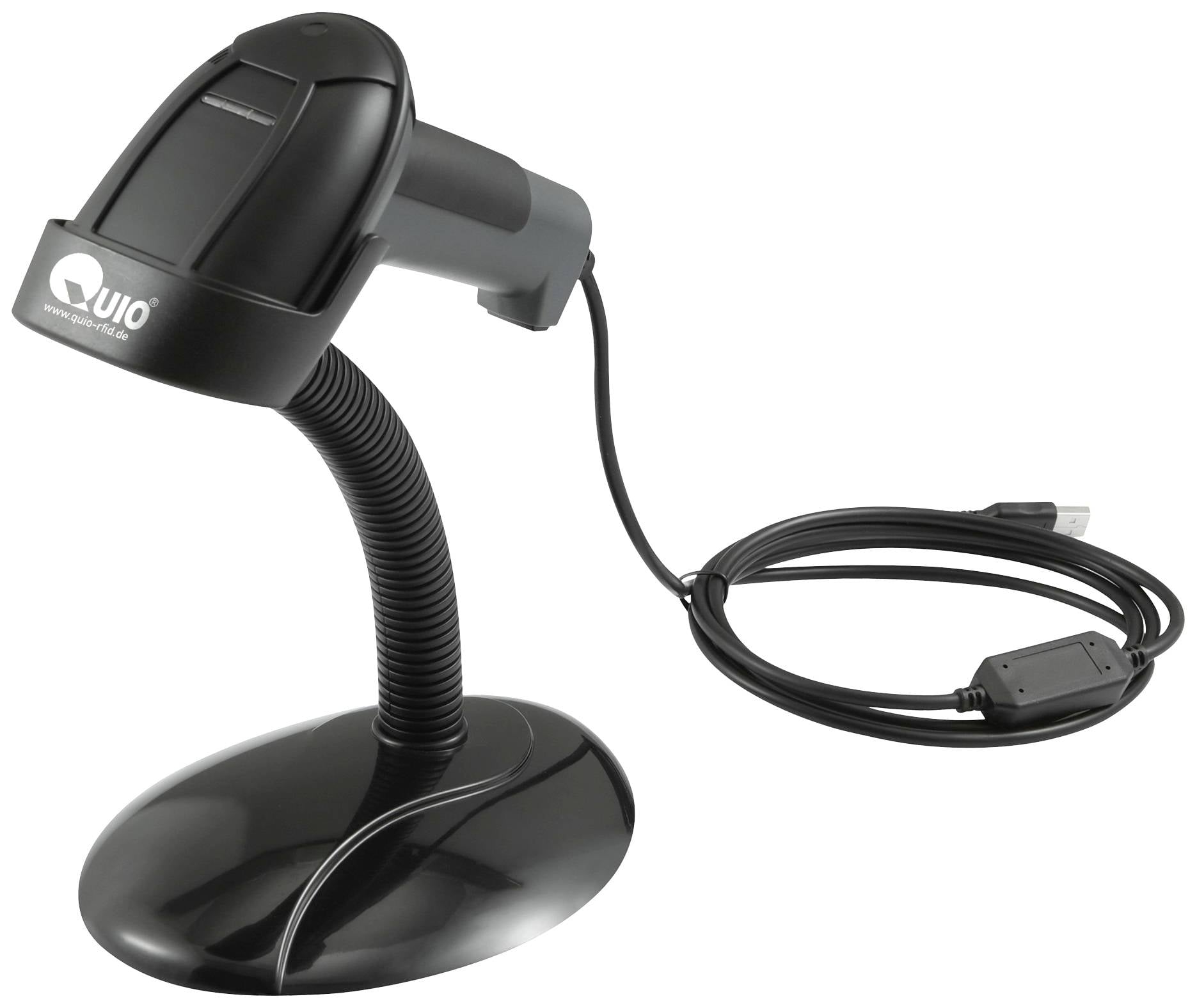 Czarny skaner kodów kreskowych na elastycznym statywie z podłączonym kablem USB, przeznaczony do szybkiego skanowania kodów kreskowych.
