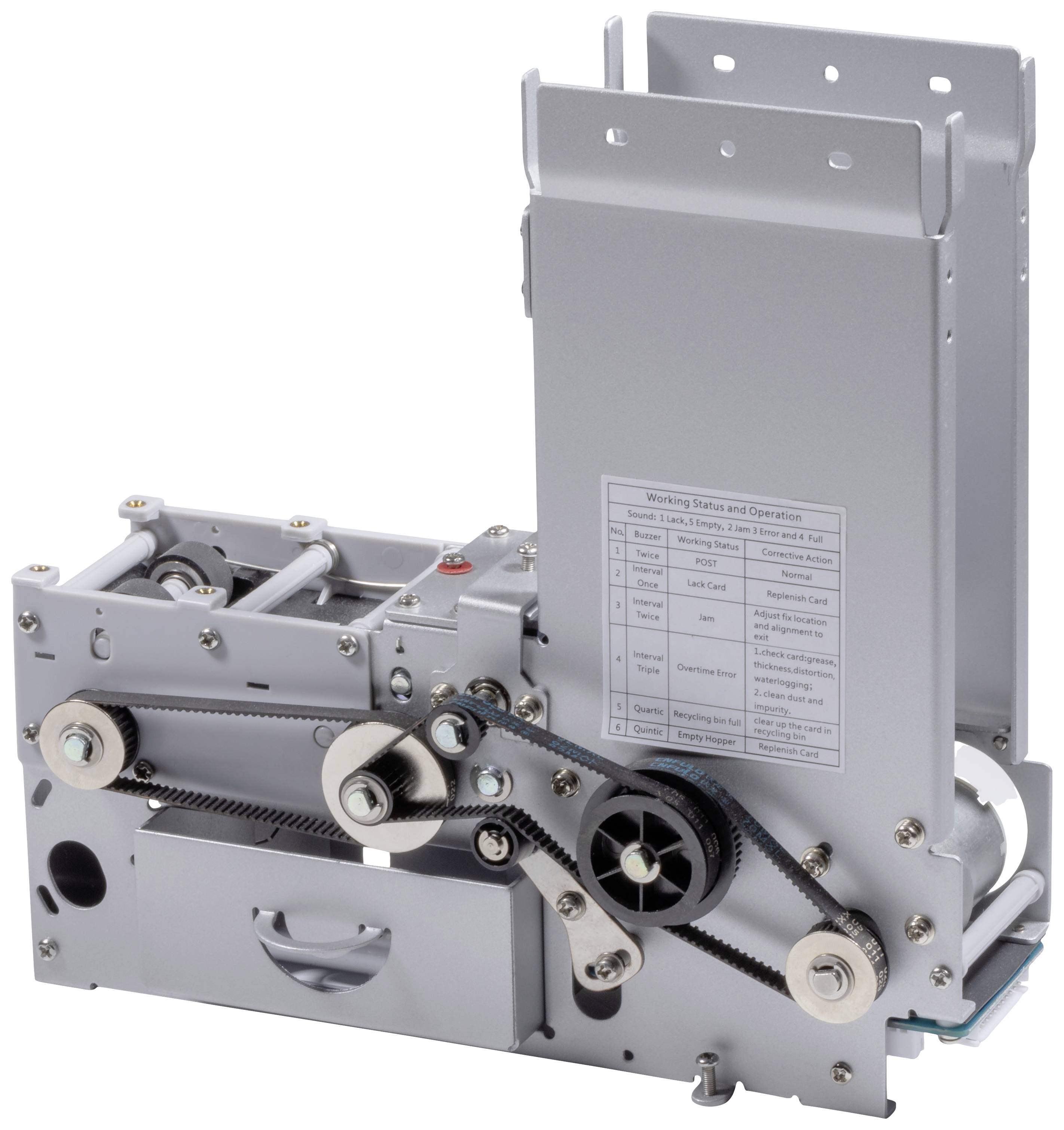 Srebrna część maszyny z napędem pasowym i instrukcją obsługi z boku. Używana do przetwarzania papieru.