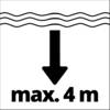 Znak z symbolem maksymalnej głębokości wody. Faliste linie, strzałka skierowana w dół, tekst: maks. 4 m.