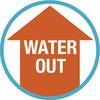 Pomarańczowa strzałka skierowana w górę wskazuje tekst 'WATER OUT'.