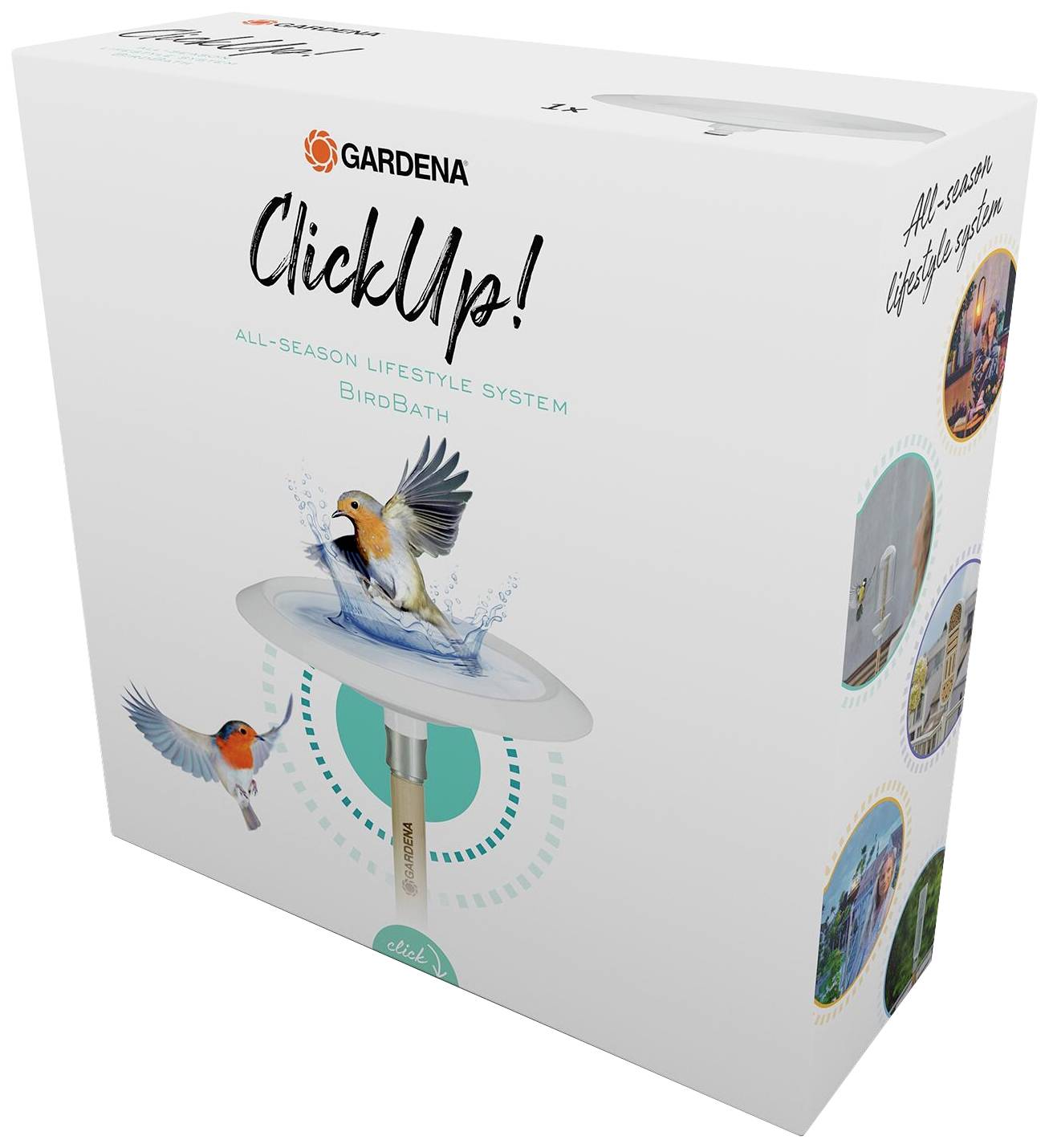 Opakowanie karmnika dla ptaków z napisem 'GARDENA ClickUp!'. Przedstawia ptaka w wodzie. Produkt przeznaczony na wszystkie pory roku.