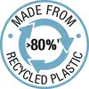 "Ponad 80% wykonane z przetworzonego tworzywa sztucznego." Koło ze strzałkami symbolizuje recykling.