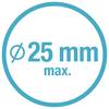 Ikona z przekreślonym symbolem średnicy i napisem '25 mm max.' oznacza maksymalną średnicę 25 milimetrów.