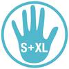 Niebieska ikona dłoni z literami 'S+XL' na jej powierzchni, otoczona kołem.