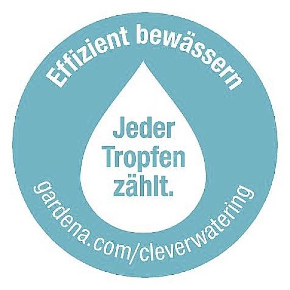 Okrągłe, turkusowe logo z kroplą wody pośrodku. Tekst: 'Efektywne nawadnianie. Każda kropla się liczy.' Link: 'gardena.com/cleverwatering'.