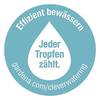 Okrągłe, turkusowe logo z kroplą wody pośrodku. Tekst: 'Efektywne nawadnianie. Każda kropla się liczy.' Link: 'gardena.com/cleverwatering'.
