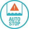 Okrągły symbol z pomarańczowym trójkątem ostrzegawczym i stylizowaną kroplą wody nad nim. Tekst 'AUTO STOP'.