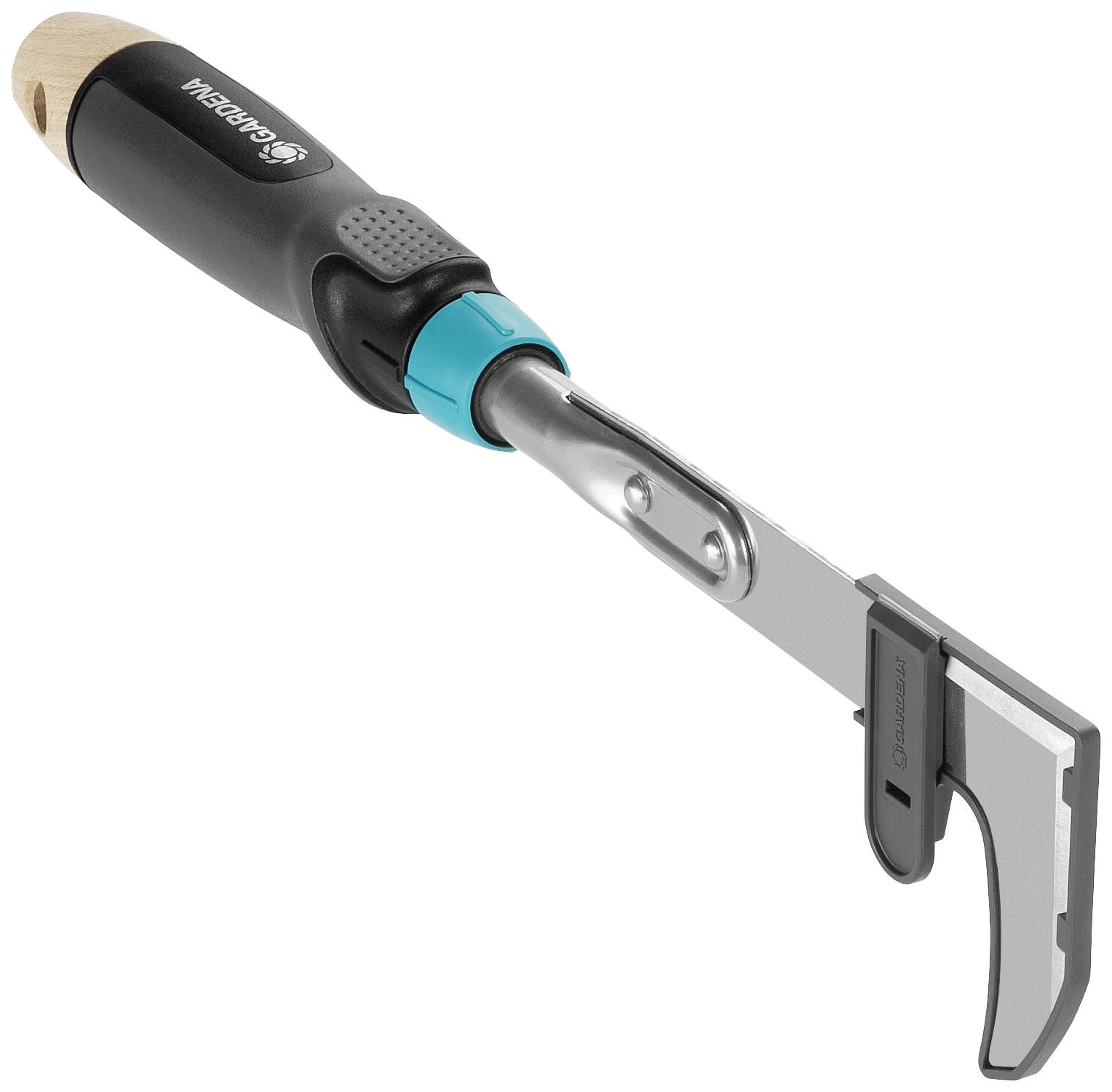 Ręczne urządzenie do czyszczenia spoin z czarną rękojeścią, srebrnym ostrzem i niebieskim akcentem. Odpowiednie do prac ogrodowych.