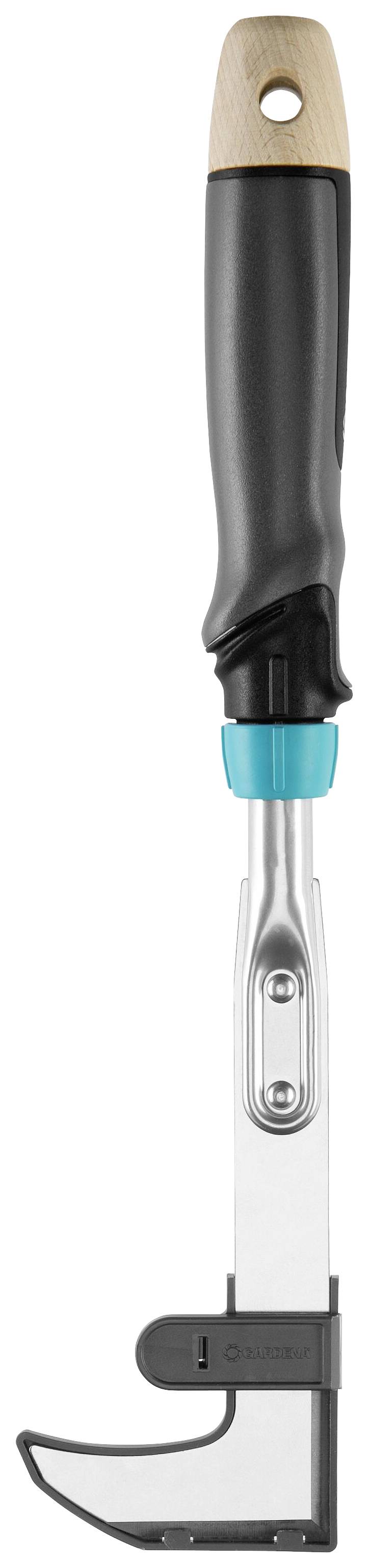 Narzędzie ogrodowe do czyszczenia spoin z ergonomicznym uchwytem i ostrym ostrzem, odpowiednie do usuwania chwastów między kostkami brukowanymi.