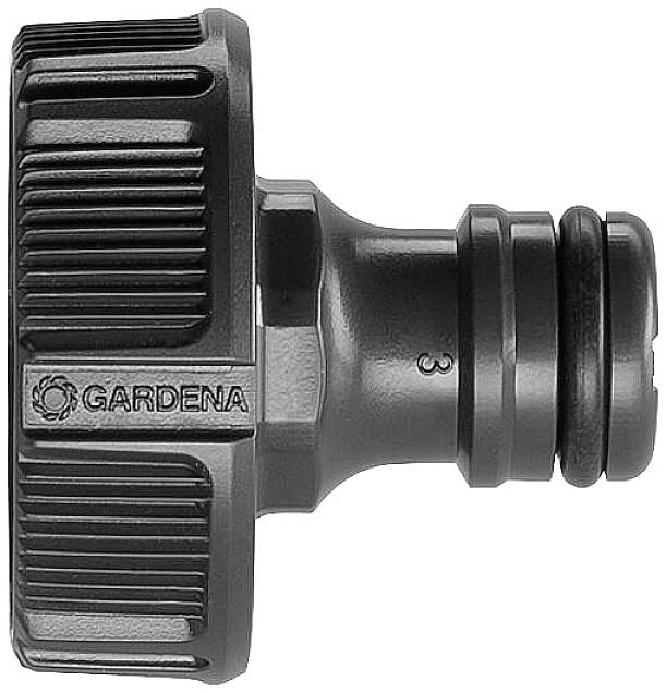 Adapter przyłącza węża ogrodowego z żebrowanym uchwytem. Napis 'GARDENA'. Wykonany z tworzywa sztucznego, o kształcie cylindrycznym.