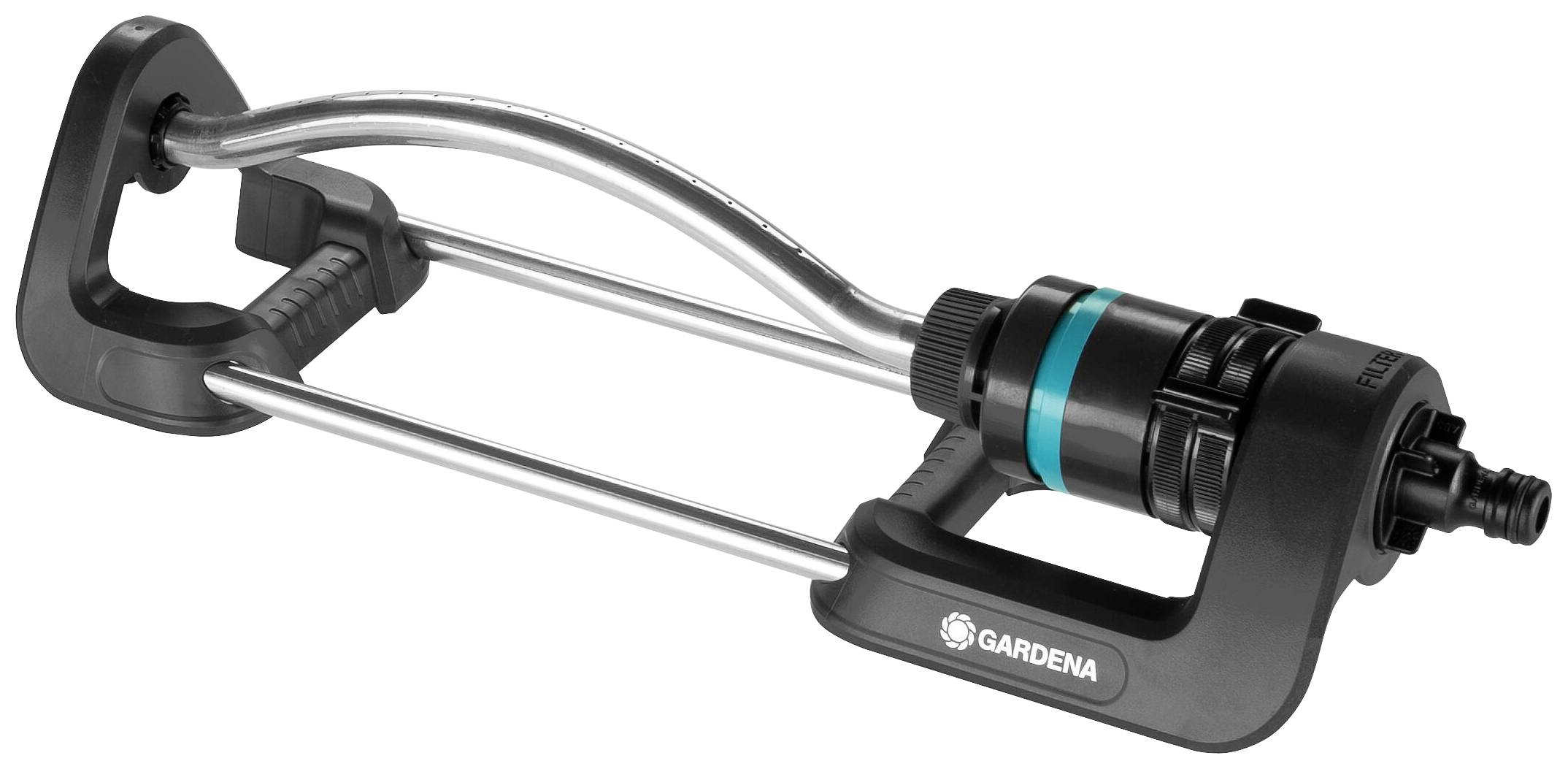 Metalowo-plastikowy zraszacz Gardena z regulowanymi dyszami, przeznaczony do nawadniania prostokątnych powierzchni w ogrodzie.