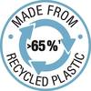 'Logo z niebieskim symbolem recyklingu, tekst: Wykonane w ponad 65% z materiału z recyklingu.'