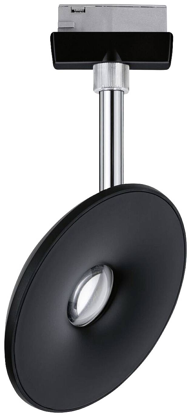 Czarna, okrągła lampa sufitowa z regulowanym ramieniem i srebrnym mocowaniem, idealna do nowoczesnego oświetlenia wnętrz.