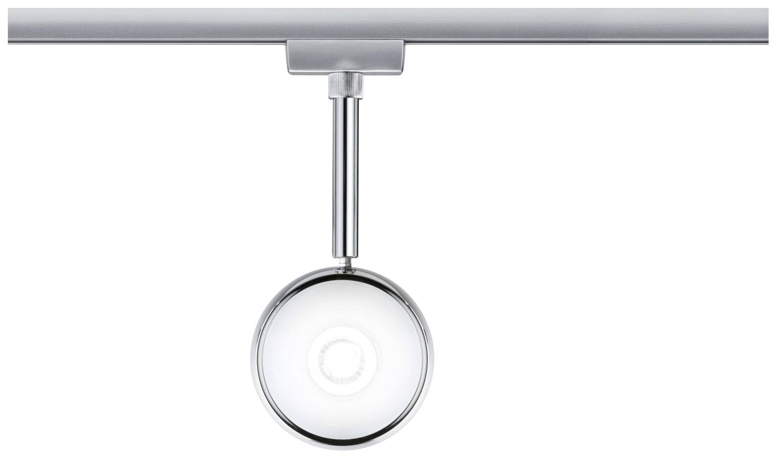 'Pojedyncza, nowoczesna lampa sufitowa z okrągłą, srebrną obudową, zamocowana na prostej szynie.'