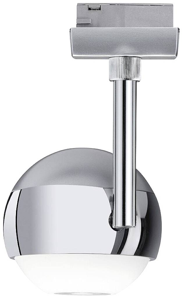 Nowoczesna srebrna lampa sufitowa z chromowanym wykończeniem i kulistym kloszem. Odpowiednia do systemów szynowych.